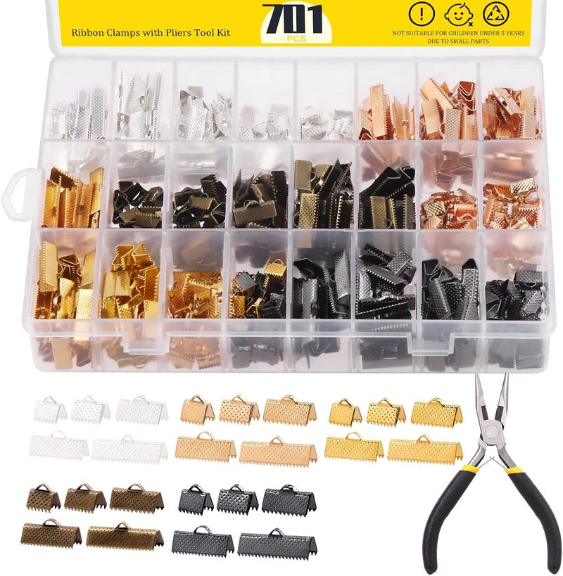 Mardatt 701 Pcs Ribbon Bracelet with Pliers Kit 24 Type Iron Fold Over Bookmark Pinch Crimp Ends Leather Clamps Jewelry Making Findings for Bookmark Pinch Bracelet Choker Necklace - Image 1